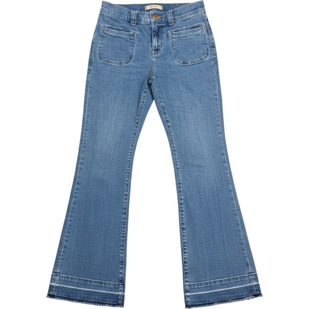Madewell Mid-Rise Kick Out Jeans 26 Medium Wash Patch Pocket Raw Hem Flare Denim